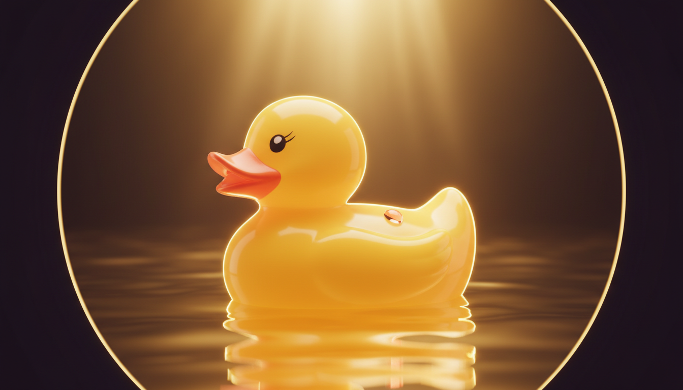 Glory macro portrait of the same classic glossy yellow rubber duck with a warm gold rim-light and shallow depth of field.