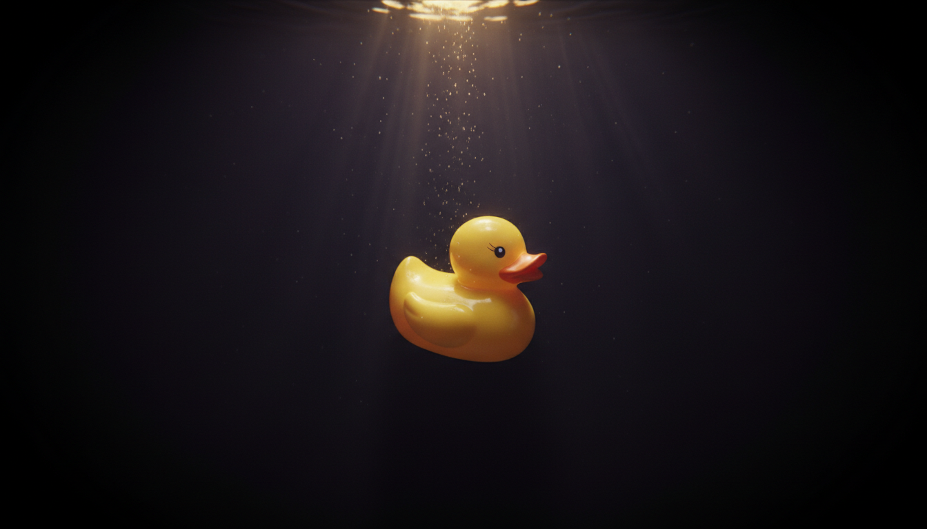 The same classic glossy yellow rubber duck suspended dim and wrongly deep in near-black plum water, a faint gold glow far above.