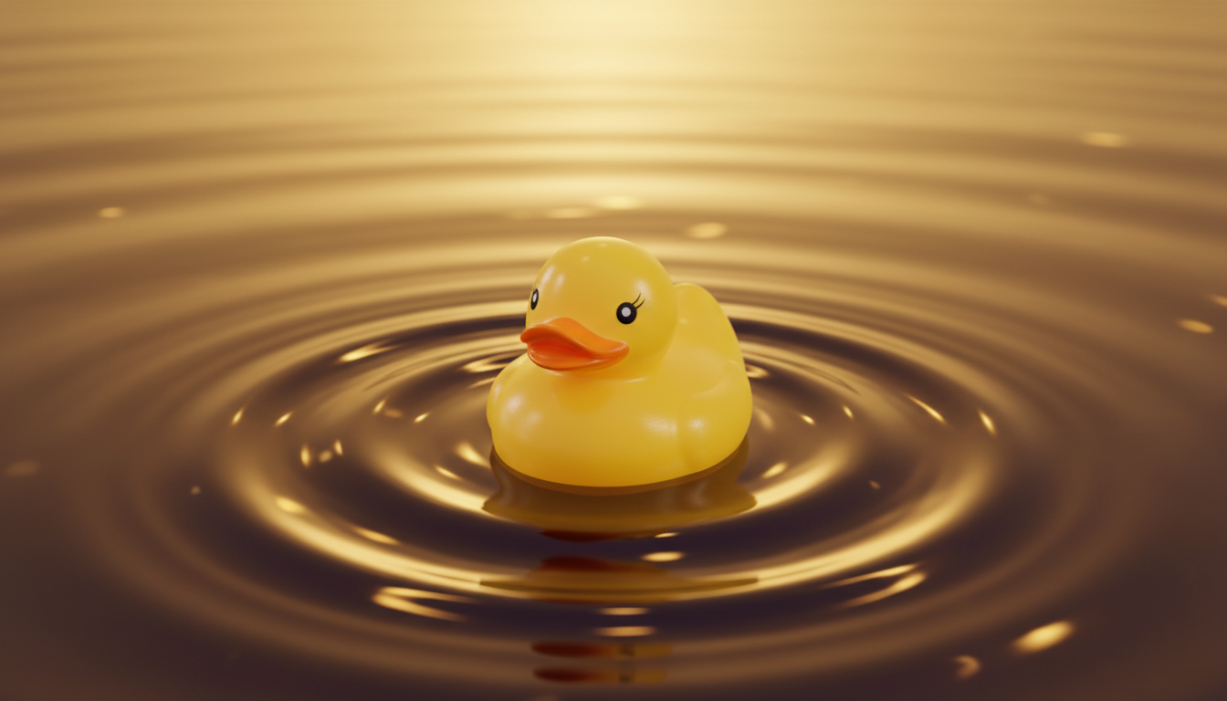 The rubber duck bobbing serenely on calm, warm golden water with soft ripples spreading outward.