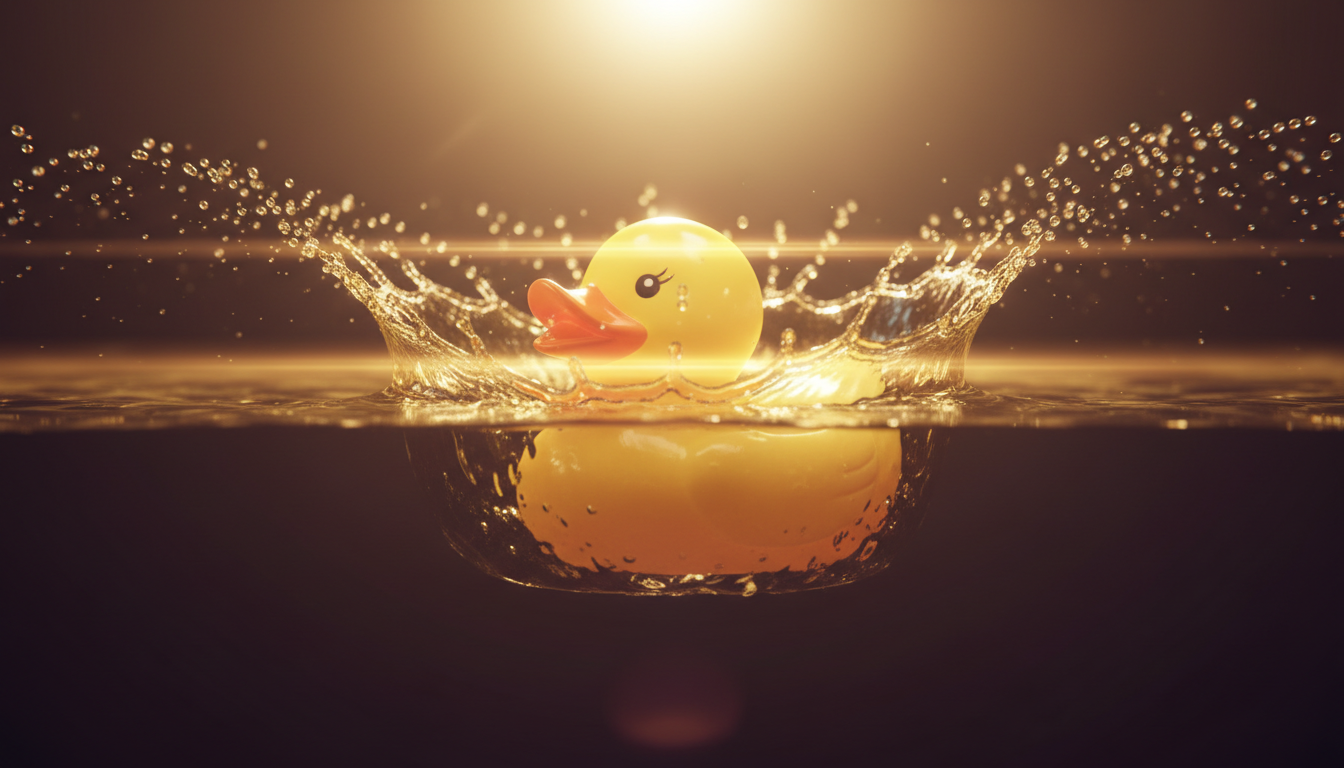 The rubber duck breaching a radiant golden water surface in a slow-motion crown of spray, palette flipped from midnight to gold.