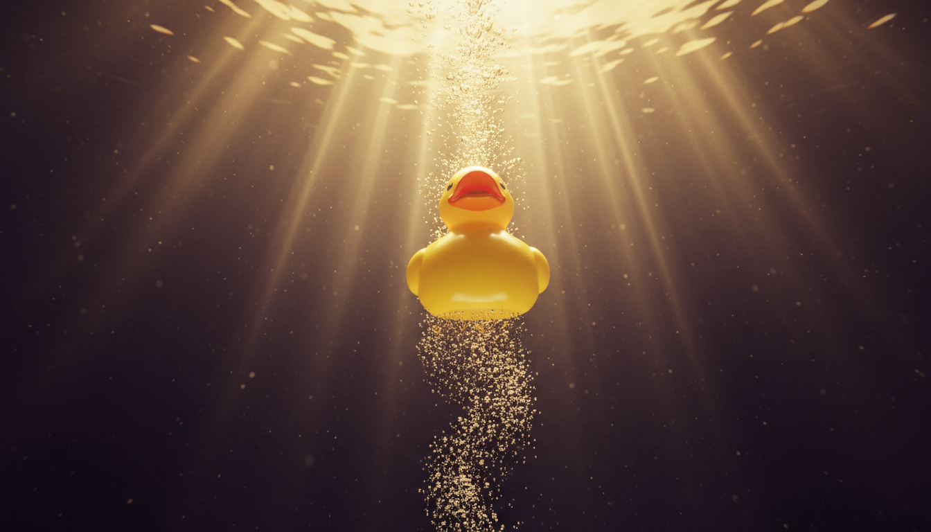 Low-angle view of the rubber duck rocketing upward past the camera, its bubble wake turning to champagne sparkle.