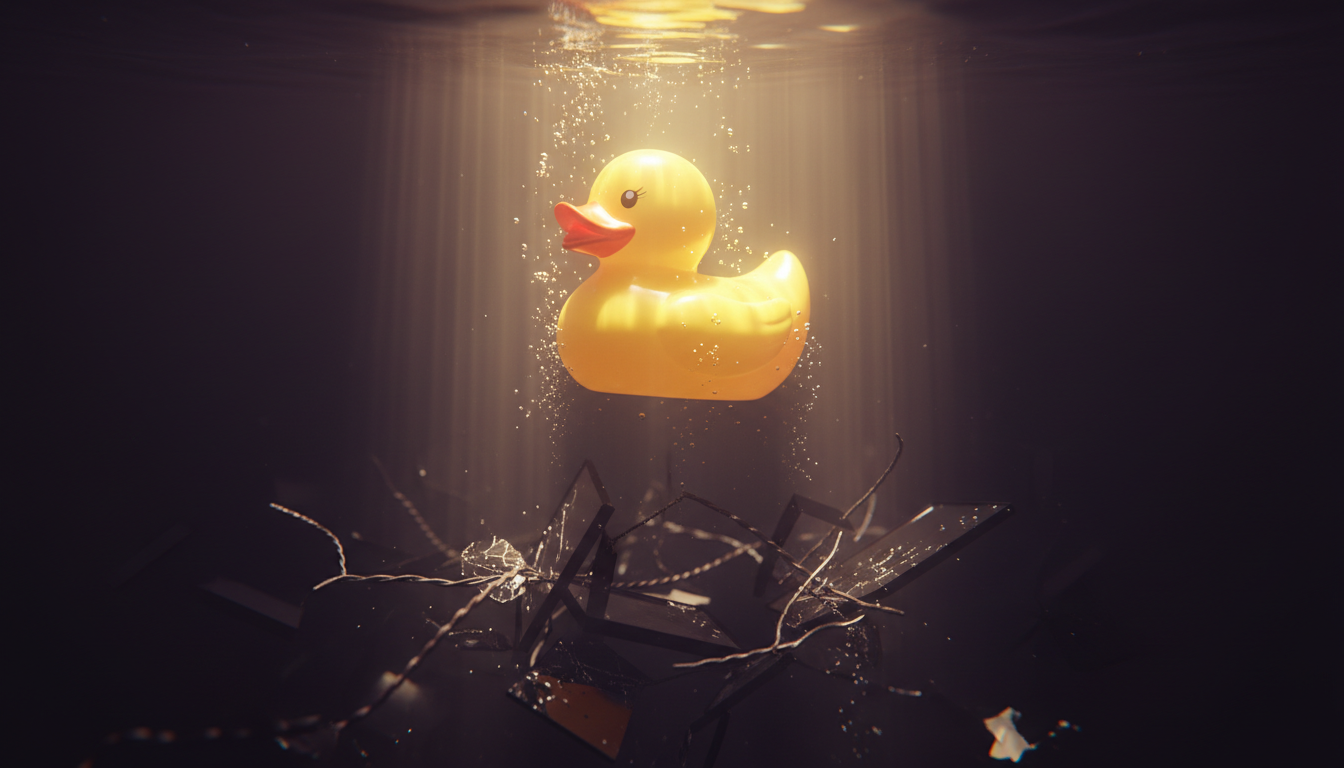 The rubber duck rising through murky depths as dead-web debris sinks past into the dark, weak god-rays strengthening above.